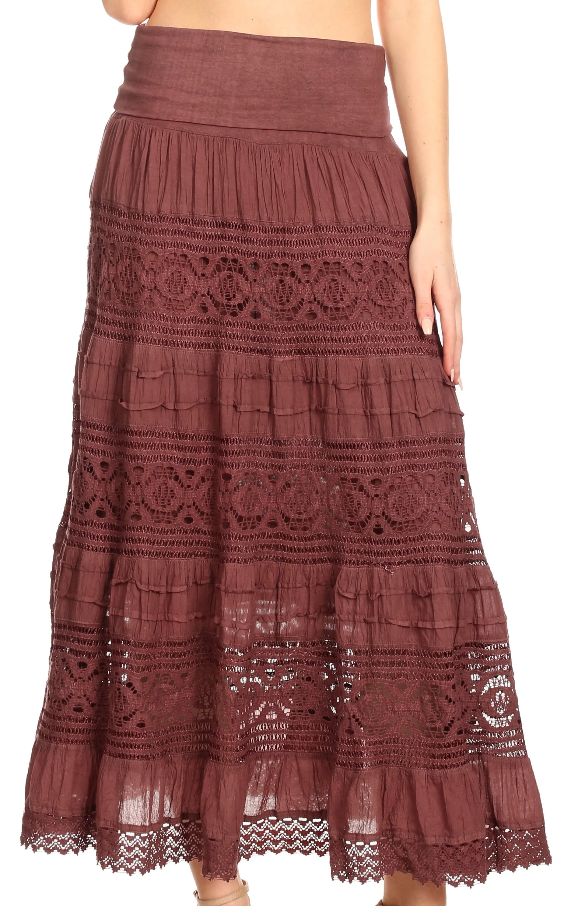 Sakkas Gracie Crochet Lace Tiered Long Cotton Skirt with Fold-Over Waistband