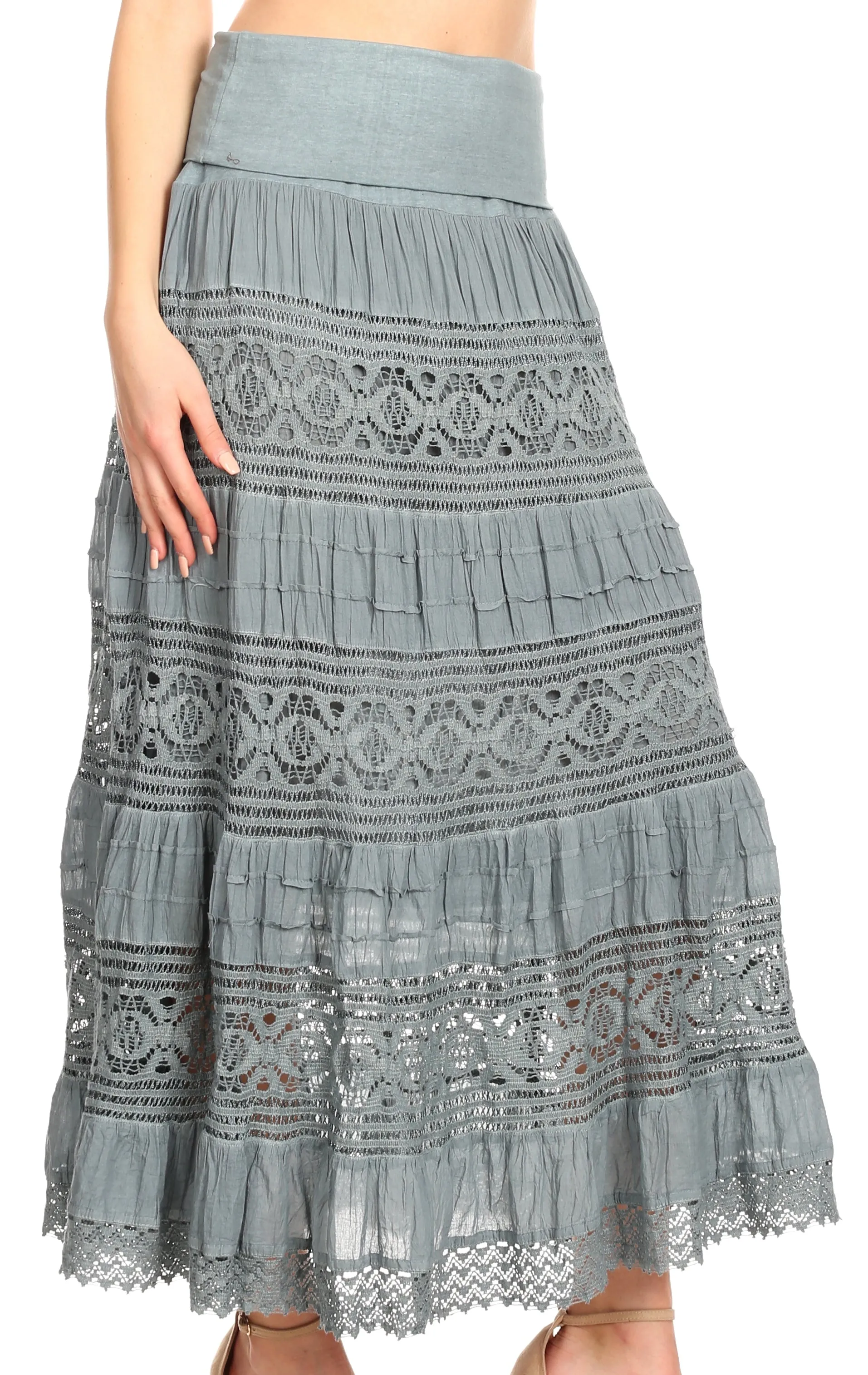 Sakkas Gracie Crochet Lace Tiered Long Cotton Skirt with Fold-Over Waistband