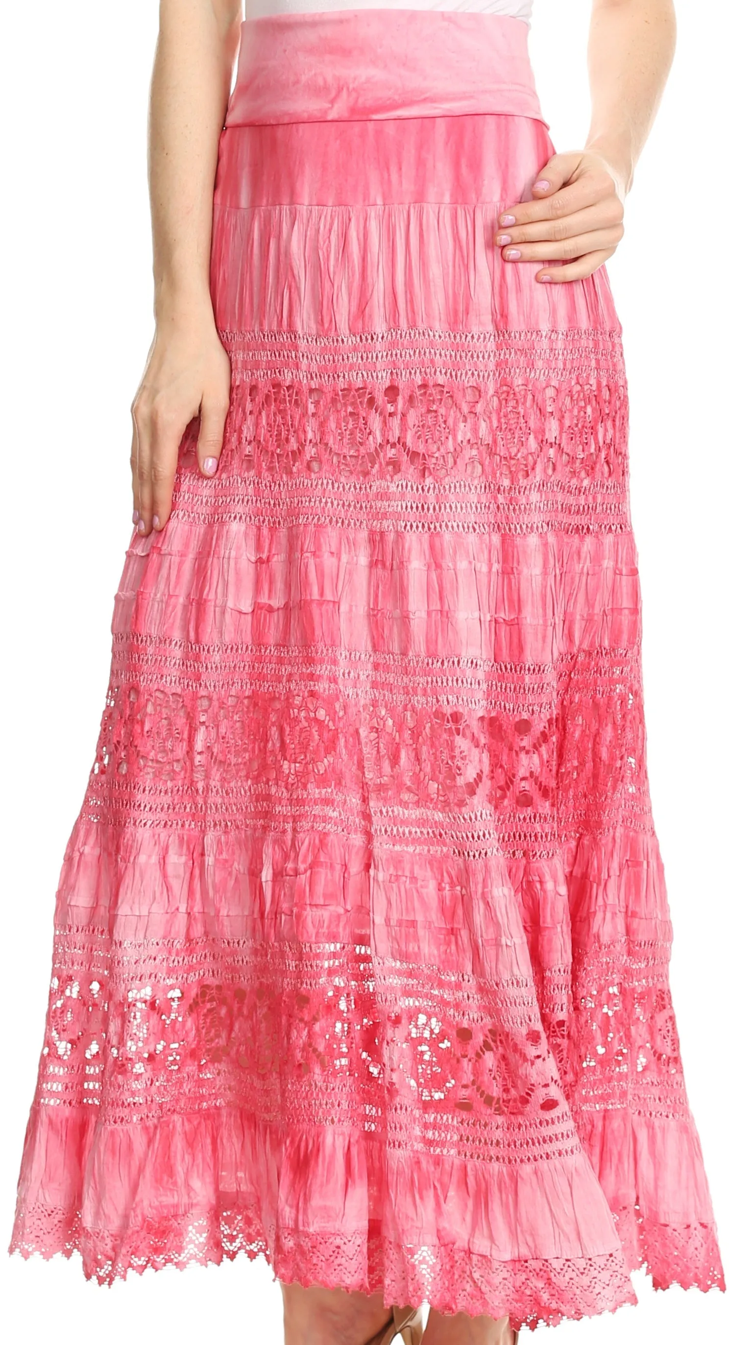 Sakkas Gracie Crochet Lace Tiered Long Cotton Skirt with Fold-Over Waistband