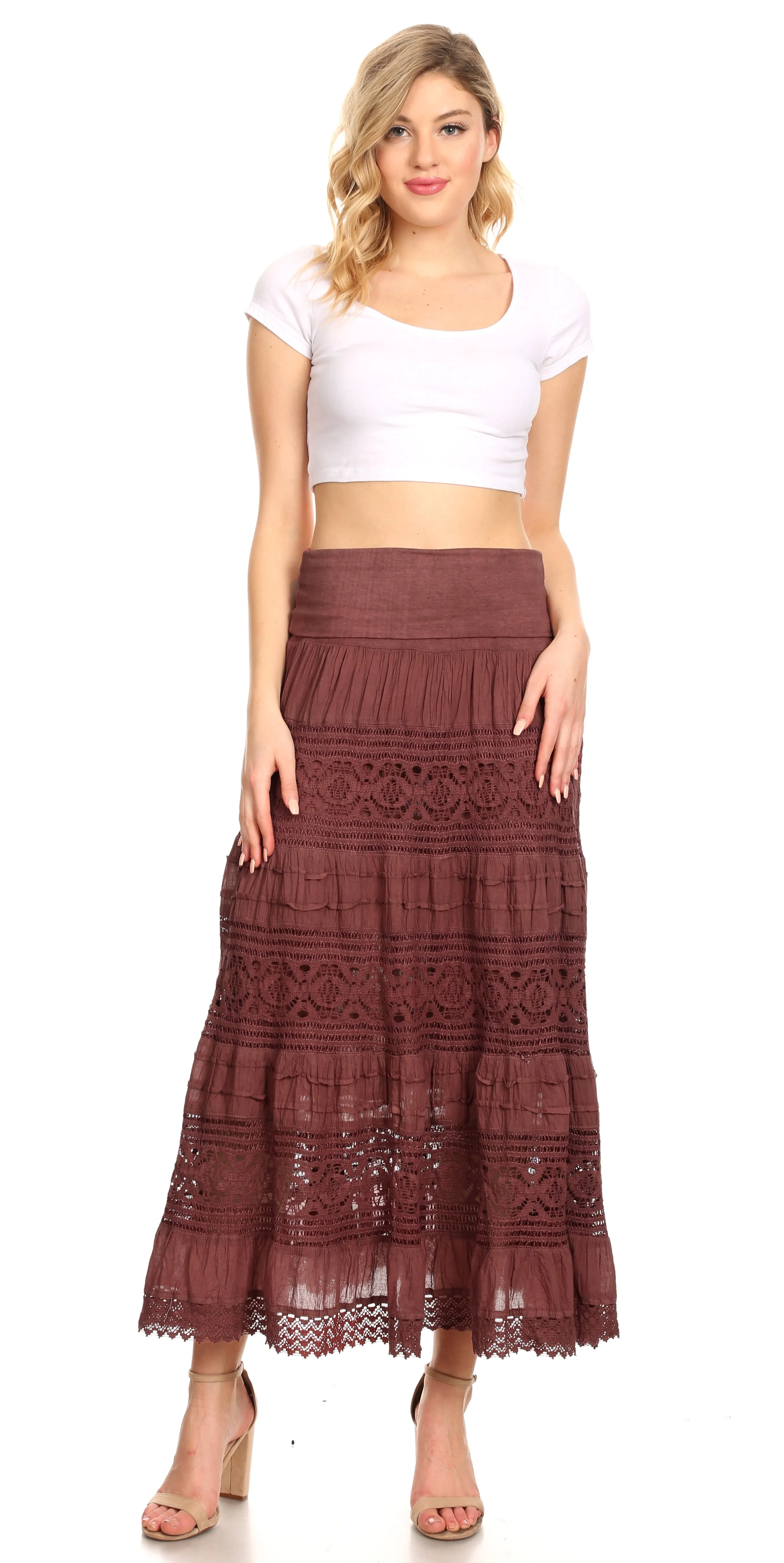 Sakkas Gracie Crochet Lace Tiered Long Cotton Skirt with Fold-Over Waistband