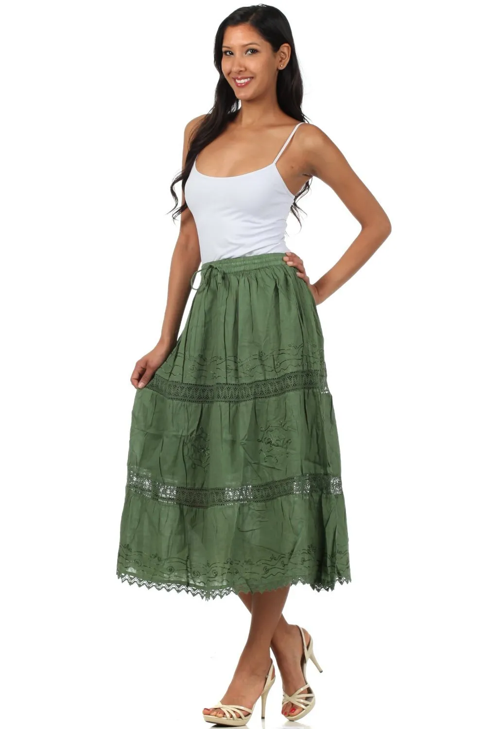 Sakkas Solid Embroidered Gypsy Bohemian Mid Length Cotton Skirt