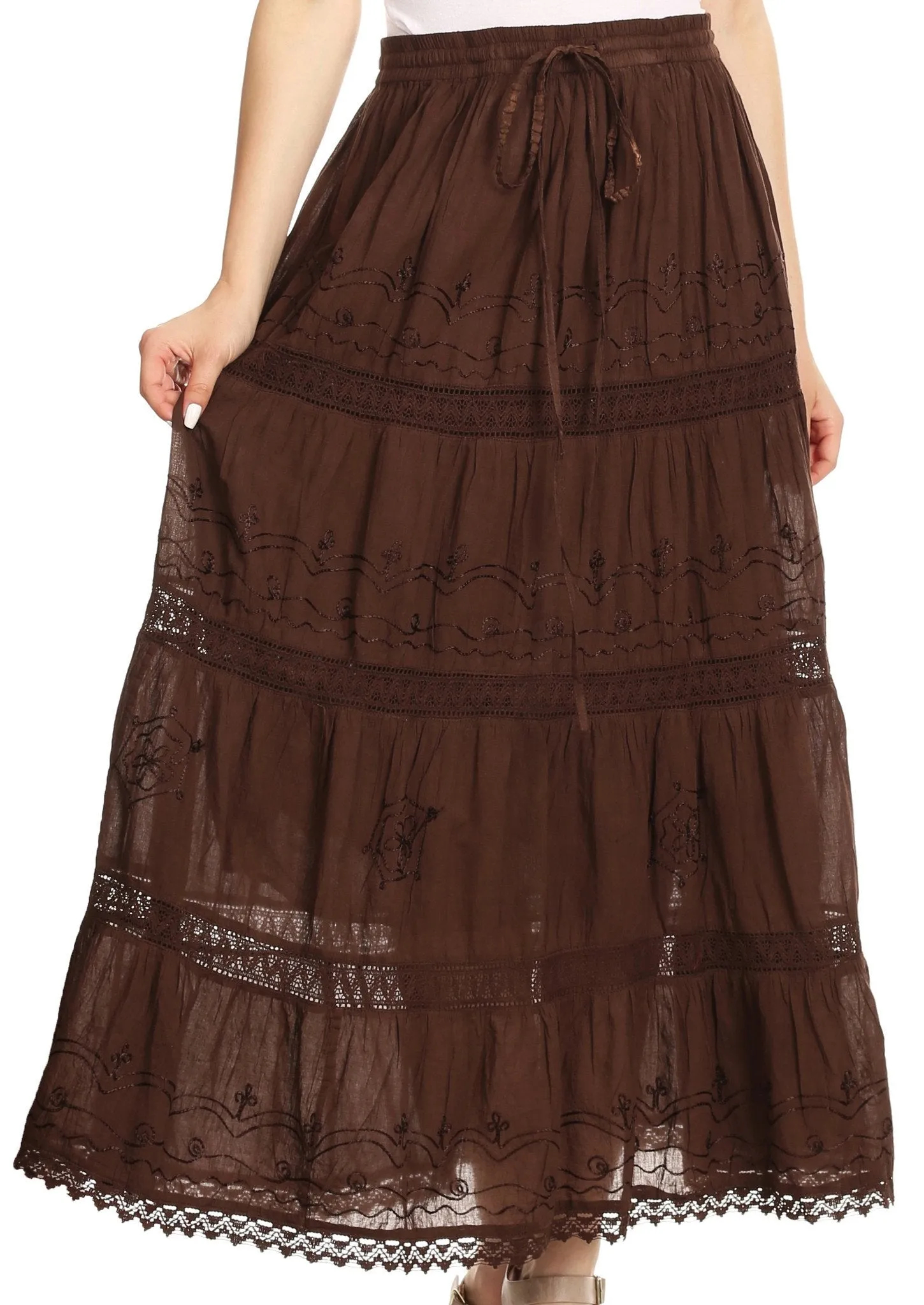 Sakkas Solid Embroidered Gypsy Bohemian Mid Length Cotton Skirt