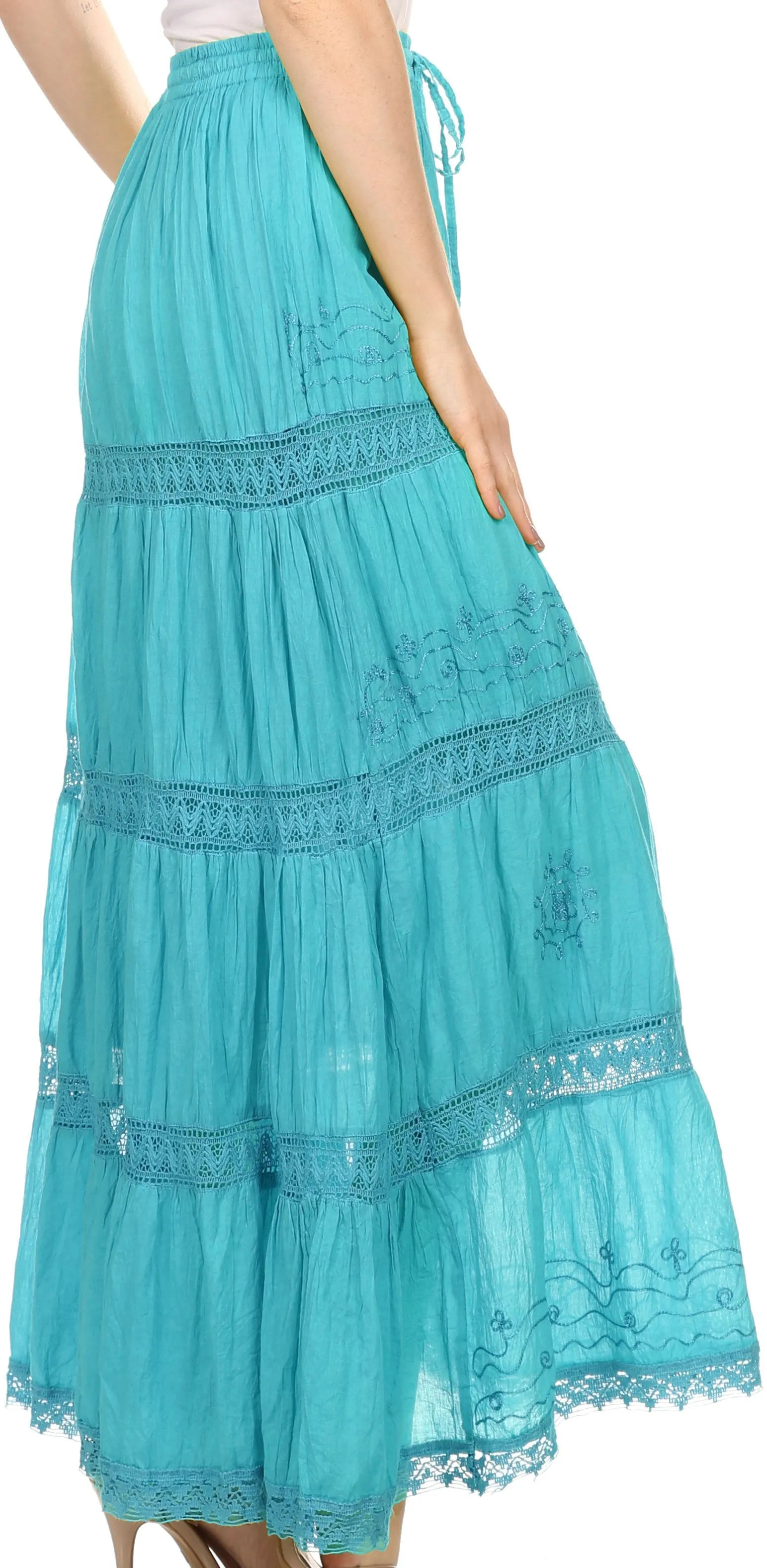 Sakkas Solid Embroidered Gypsy Bohemian Mid Length Cotton Skirt