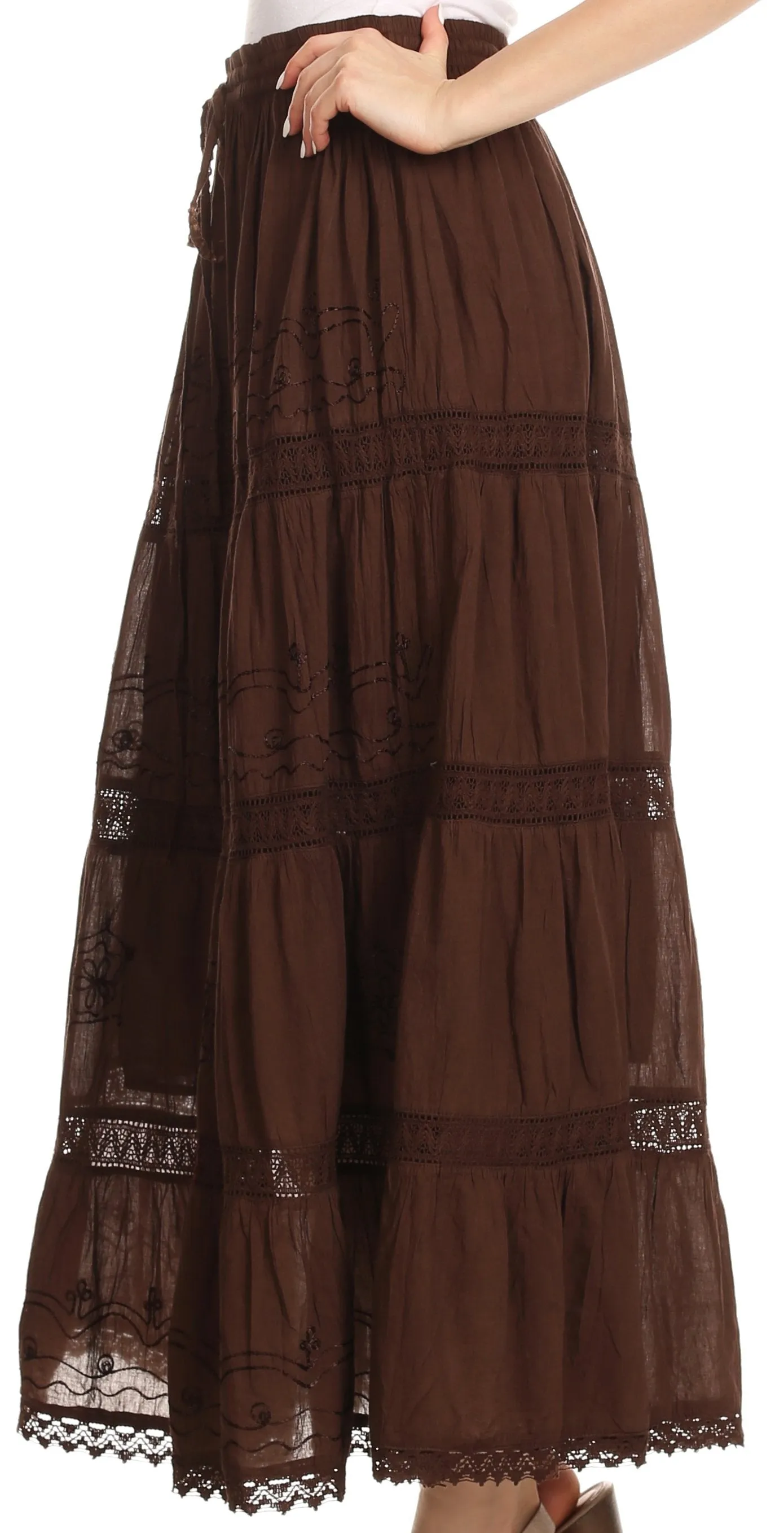 Sakkas Solid Embroidered Gypsy Bohemian Mid Length Cotton Skirt