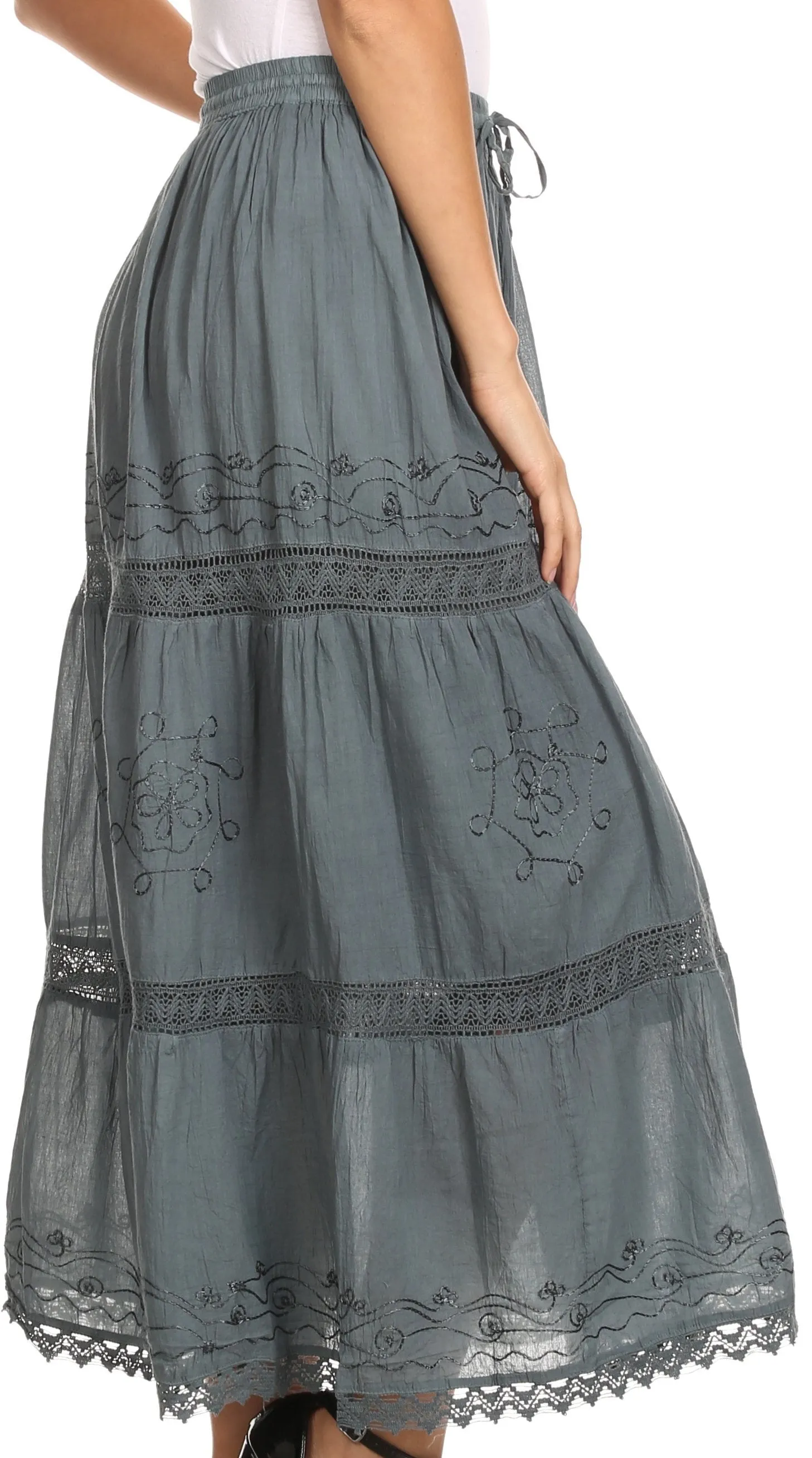 Sakkas Solid Embroidered Gypsy Bohemian Mid Length Cotton Skirt