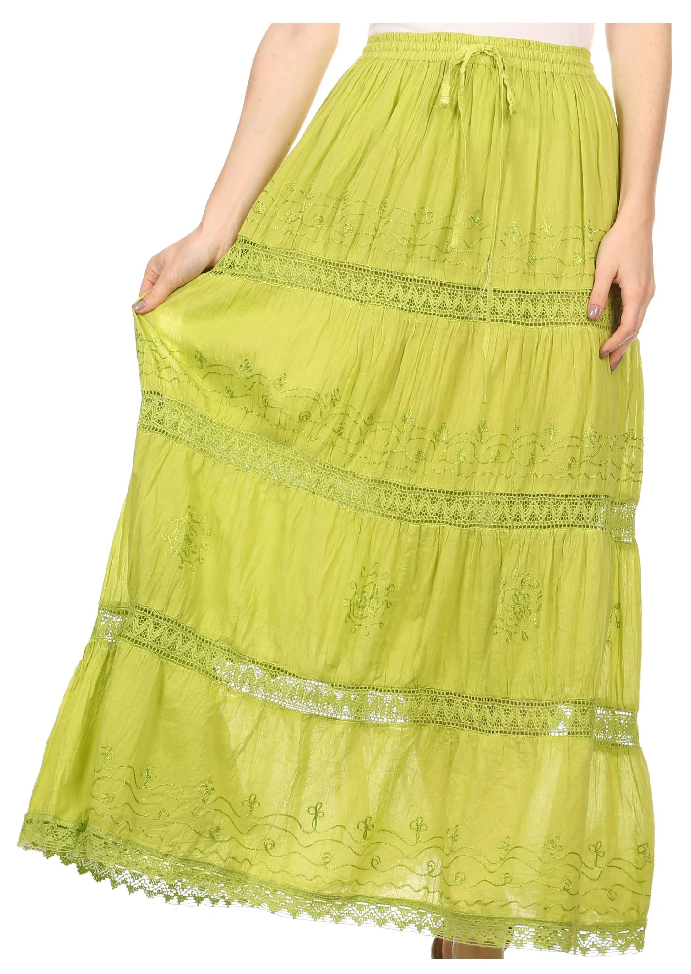 Sakkas Solid Embroidered Gypsy Bohemian Mid Length Cotton Skirt