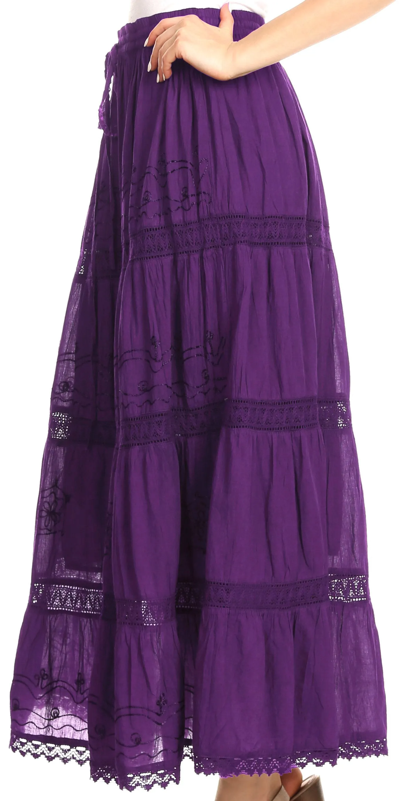 Sakkas Solid Embroidered Gypsy Bohemian Mid Length Cotton Skirt