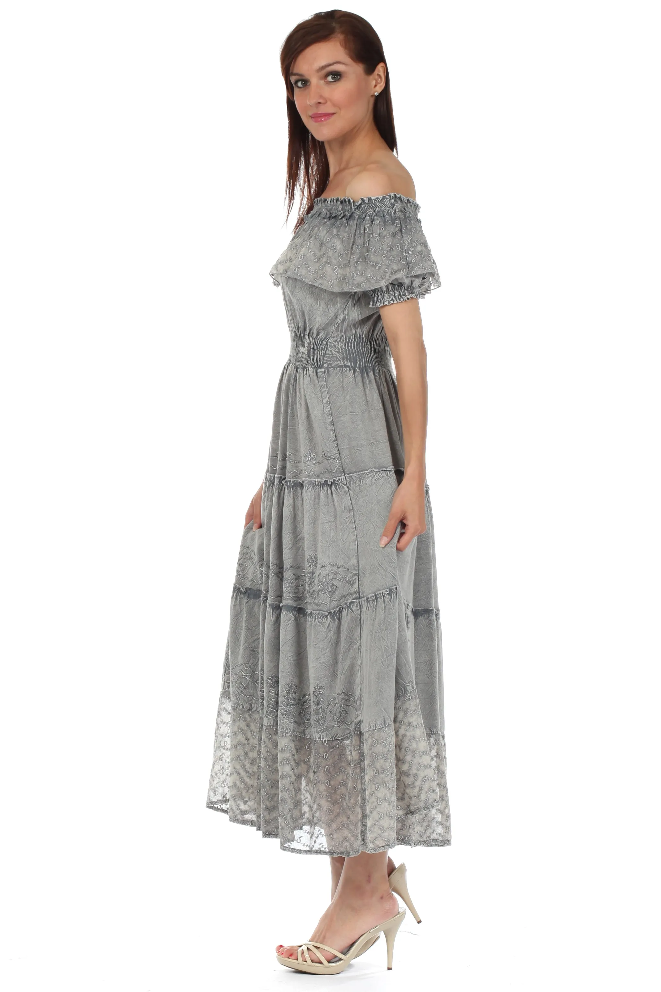 Sakkas Stonewashed Off Shoulder Crepe Hem Peasant Dress