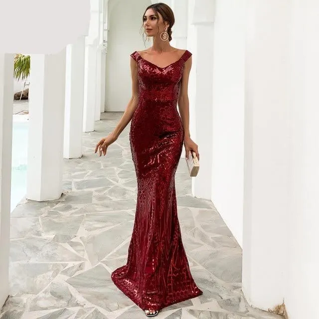 Sequin Off Shoulder Evening Mermaid Gown Shimmer Floor Dress