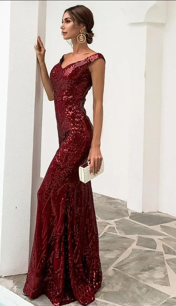 Sequin Off Shoulder Evening Mermaid Gown Shimmer Floor Dress