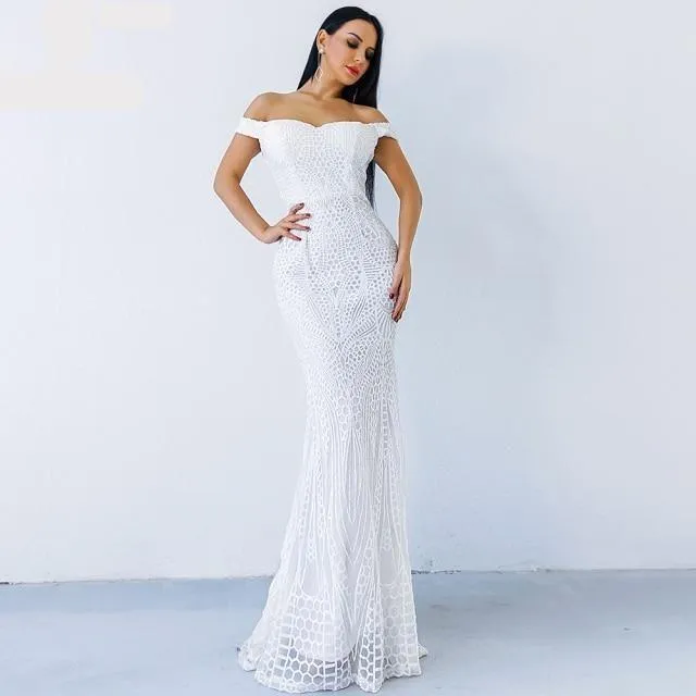 Sequin Off Shoulder Evening Mermaid Gown Shimmer Floor Dress