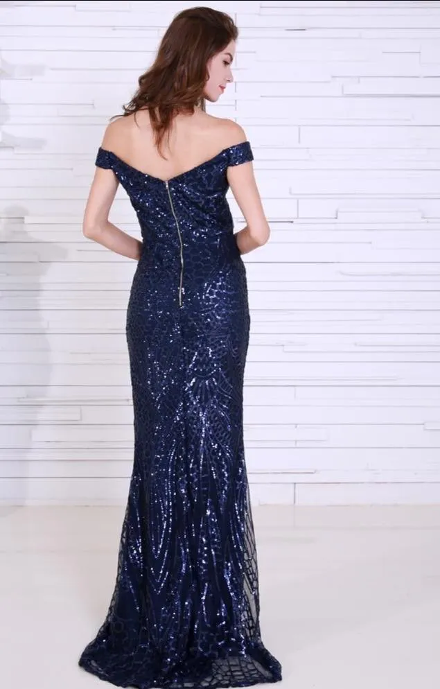 Sequin Off Shoulder Evening Mermaid Gown Shimmer Floor Dress