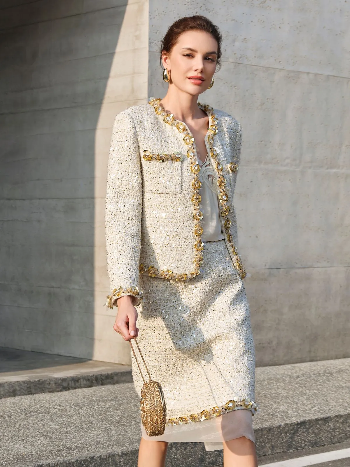 Sequin Trimmed French Tweed Short Jacket