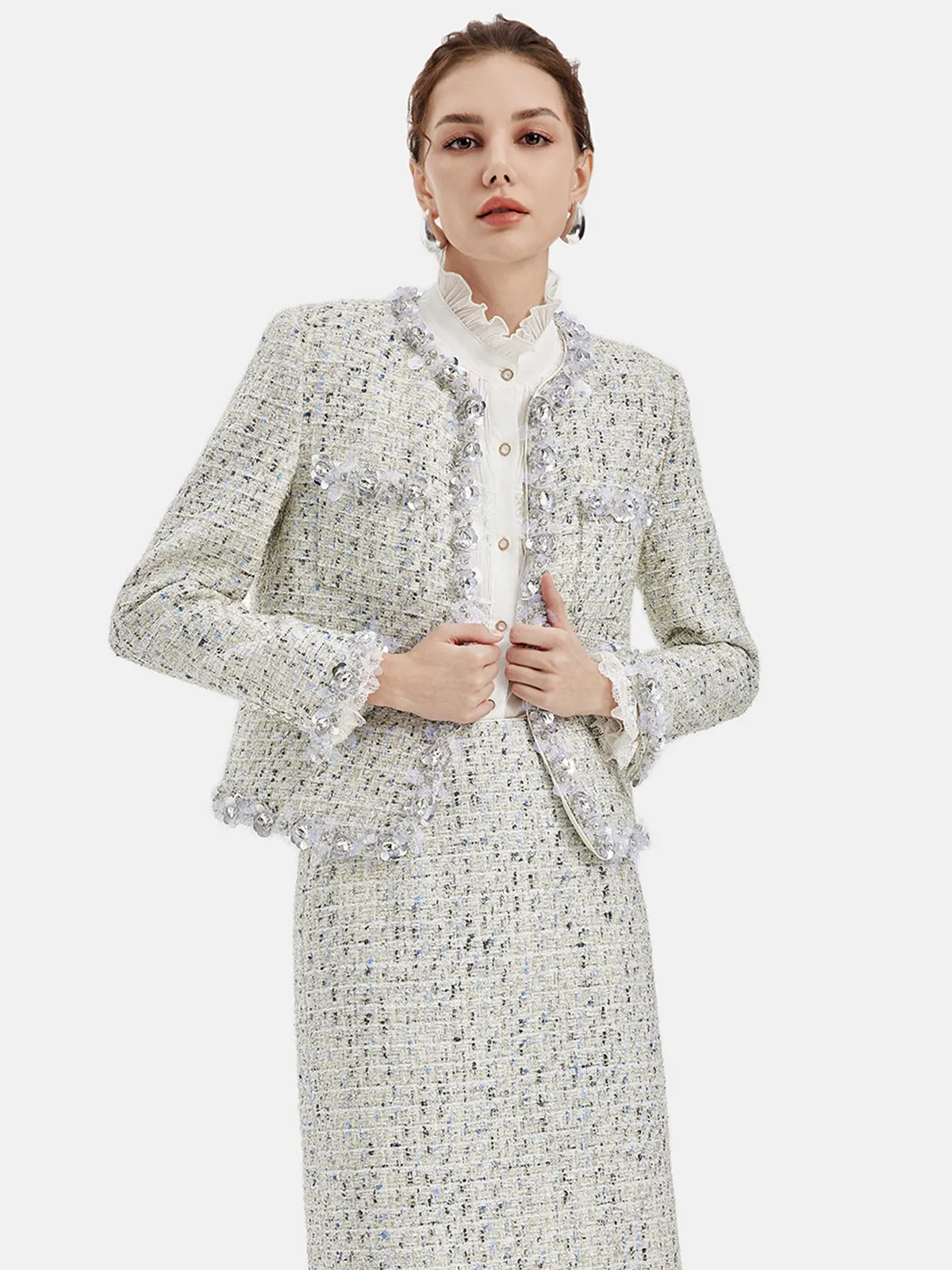 Sequin Trimmed French Tweed Short Jacket