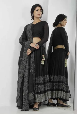 Set of 3: Kaani Black and White Hand-Block Printed Tasseled Kota Kali Skirt and Plain Black Full Sleeves Kota Blouse with Black and White Hand Block Printed Kota Dupatta