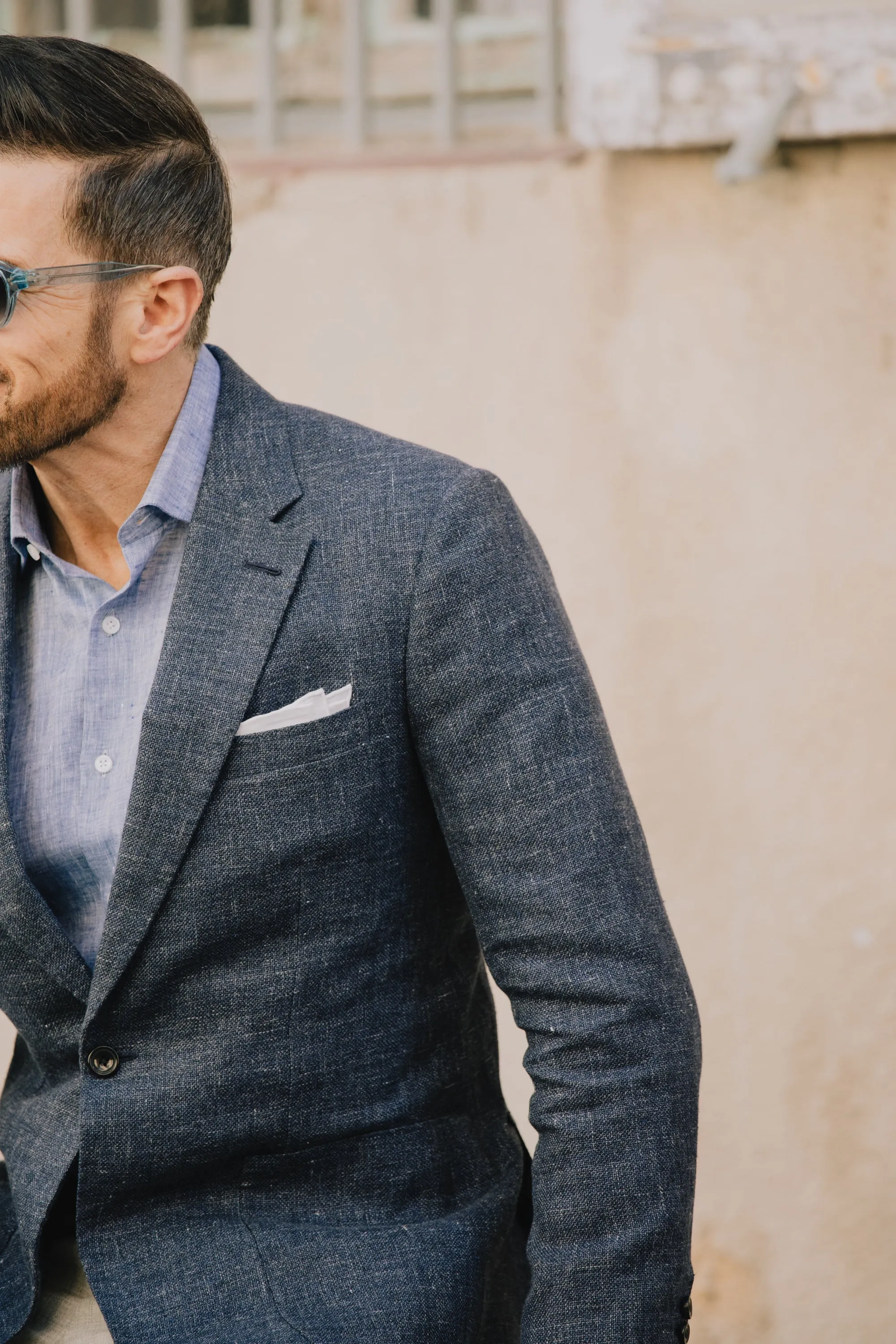 Single Breasted Notch Lapel Jacket in Navy Summer Hopsack