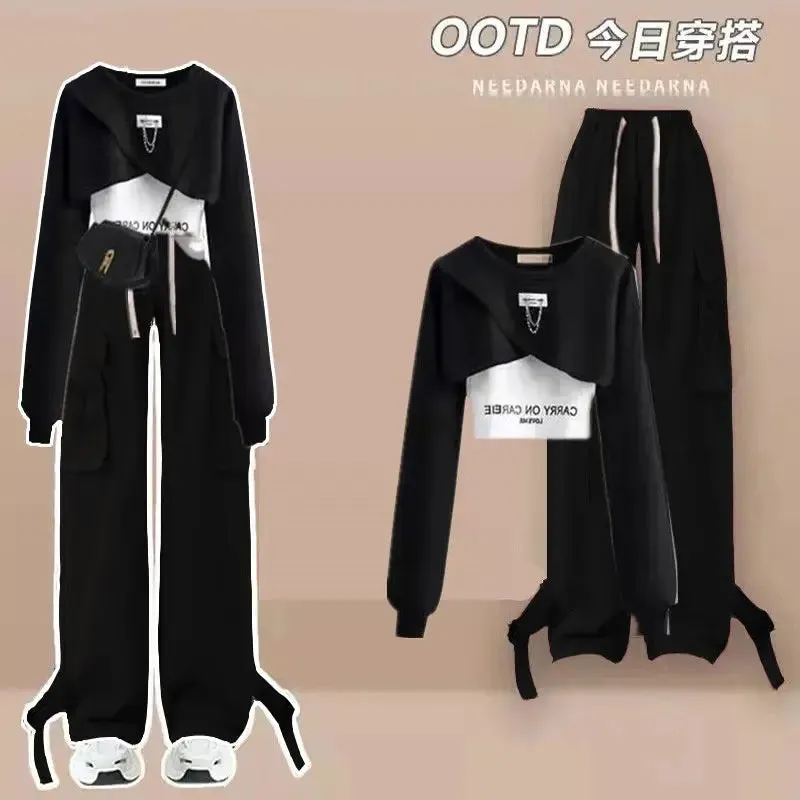 Spring/Summer Set Women's Korean Loose Design Casual Top suspender work Wide Leg Pants Three Piece Set Trendy