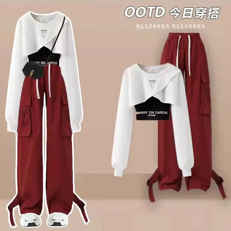 Spring/Summer Set Women's Korean Loose Design Casual Top suspender work Wide Leg Pants Three Piece Set Trendy