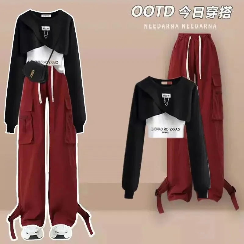 Spring/Summer Set Women's Korean Loose Design Casual Top suspender work Wide Leg Pants Three Piece Set Trendy