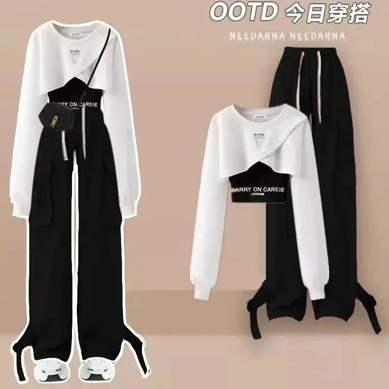 Spring/Summer Set Women's Korean Loose Design Casual Top suspender work Wide Leg Pants Three Piece Set Trendy