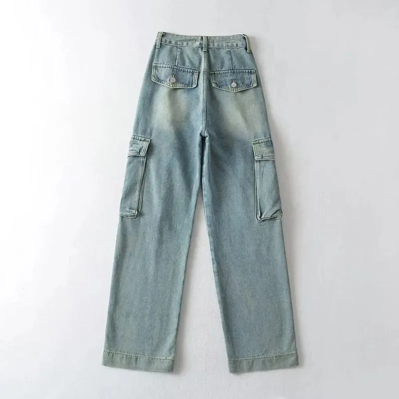 Straight Denim Cargo Pants for Women