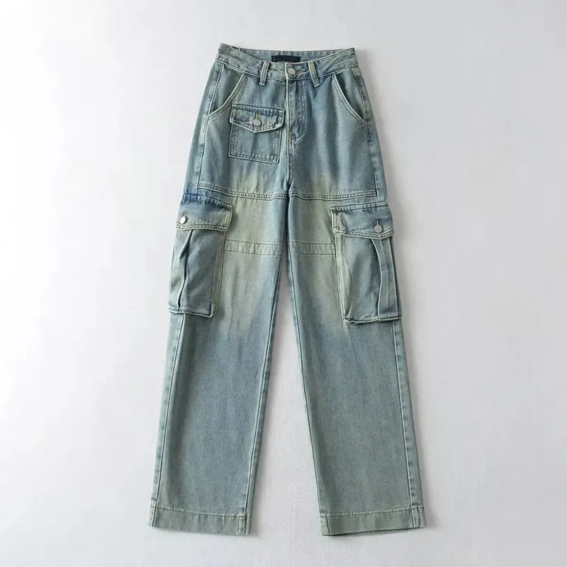 Straight Denim Cargo Pants for Women