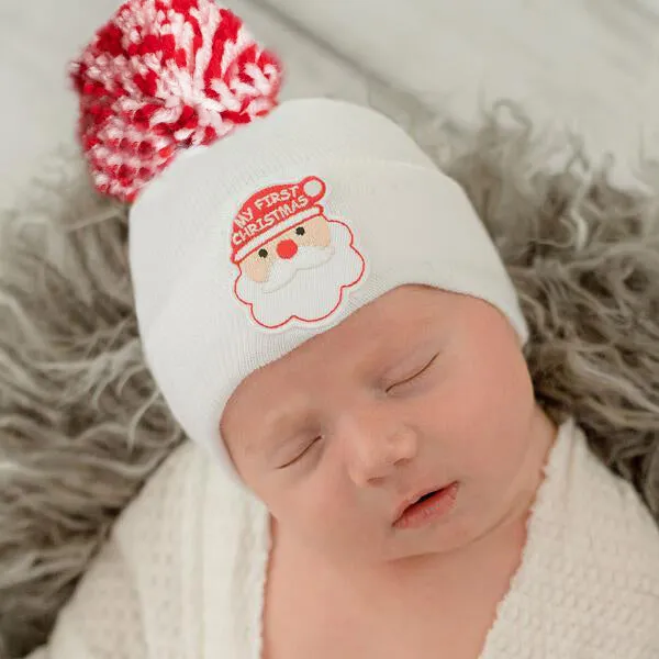 Striped ilybean First Christmas Hospital Hat With White Pom Pom Newborn Hospital Hat for Christmas Newborns