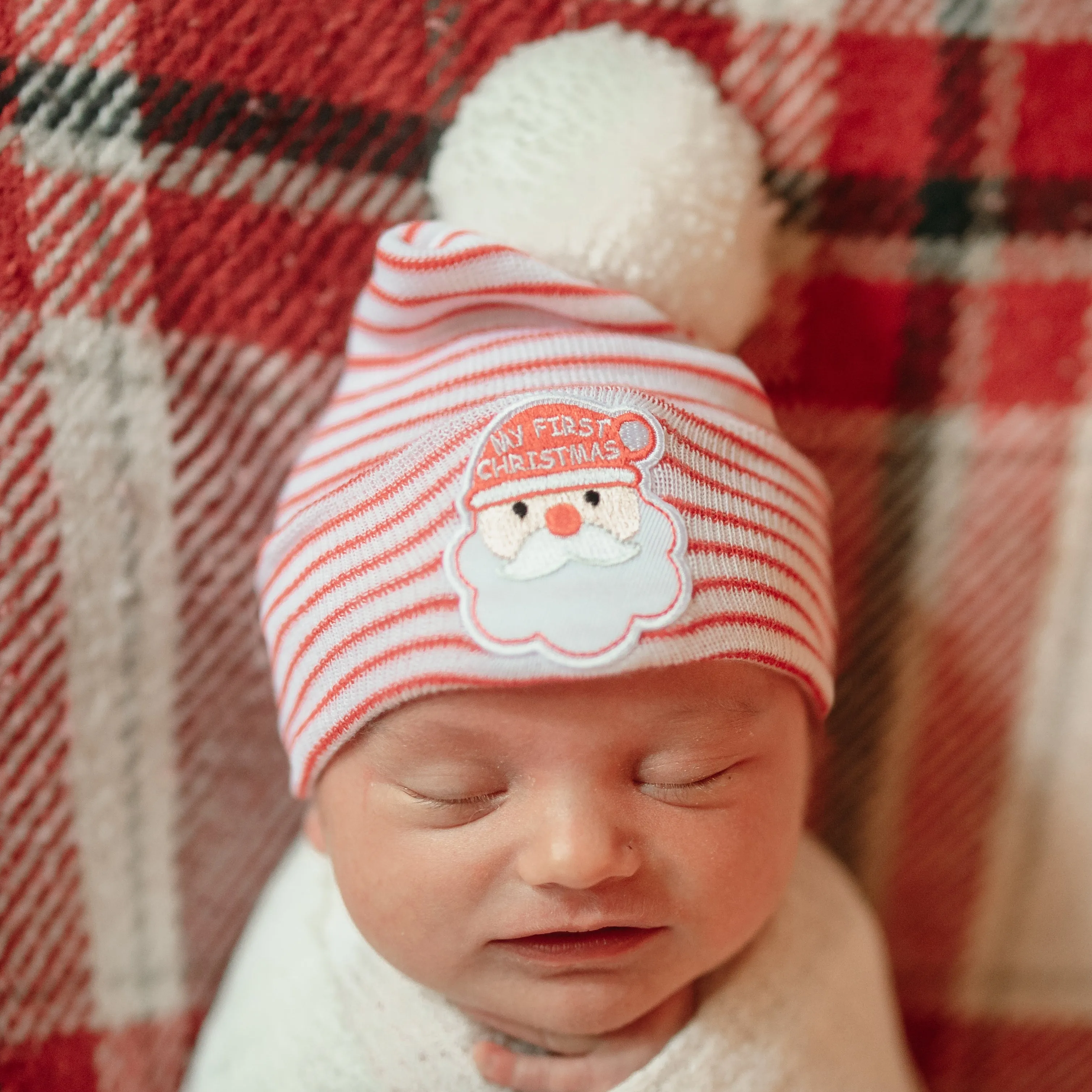 Striped Santa My First Christmas Newborn Hospital Pom Pom Hat Infant Beanie Hat Newborn Hat