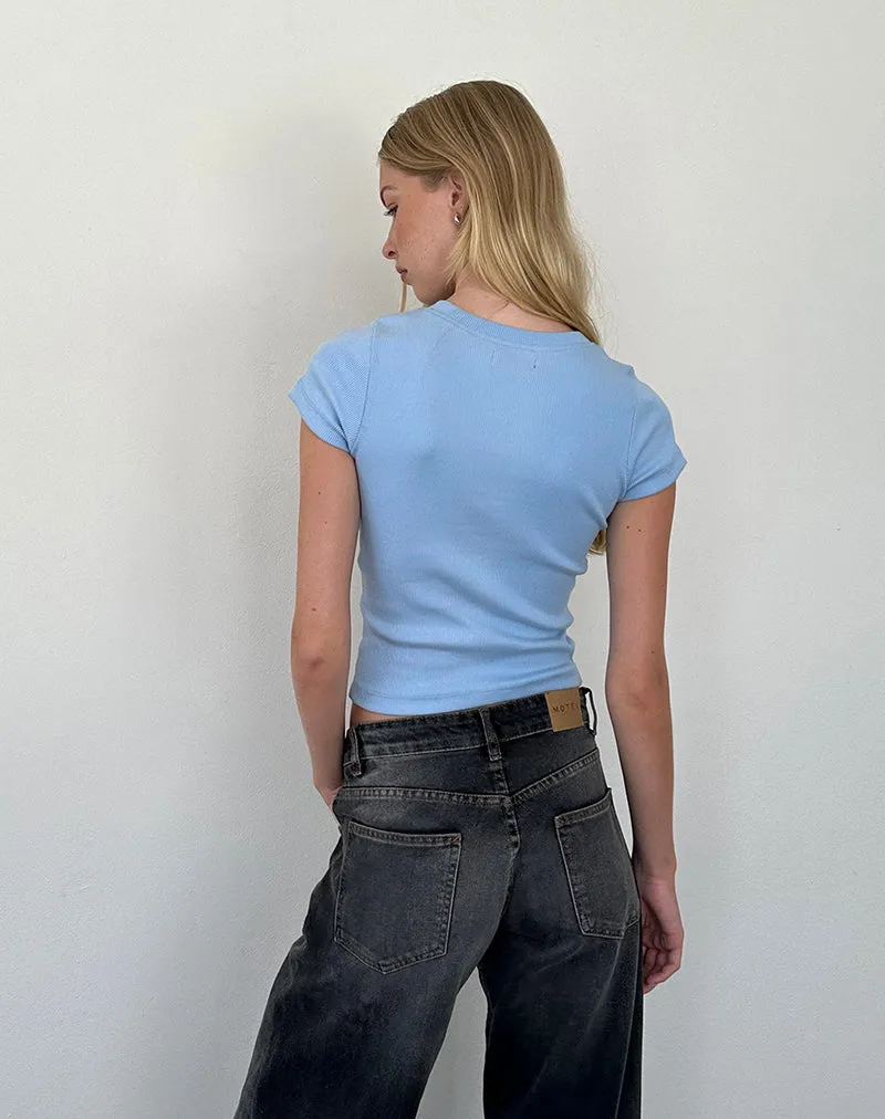 Suti Ribbed Baby Tee in Ice Blue with Dark Blue Bow Embroidery