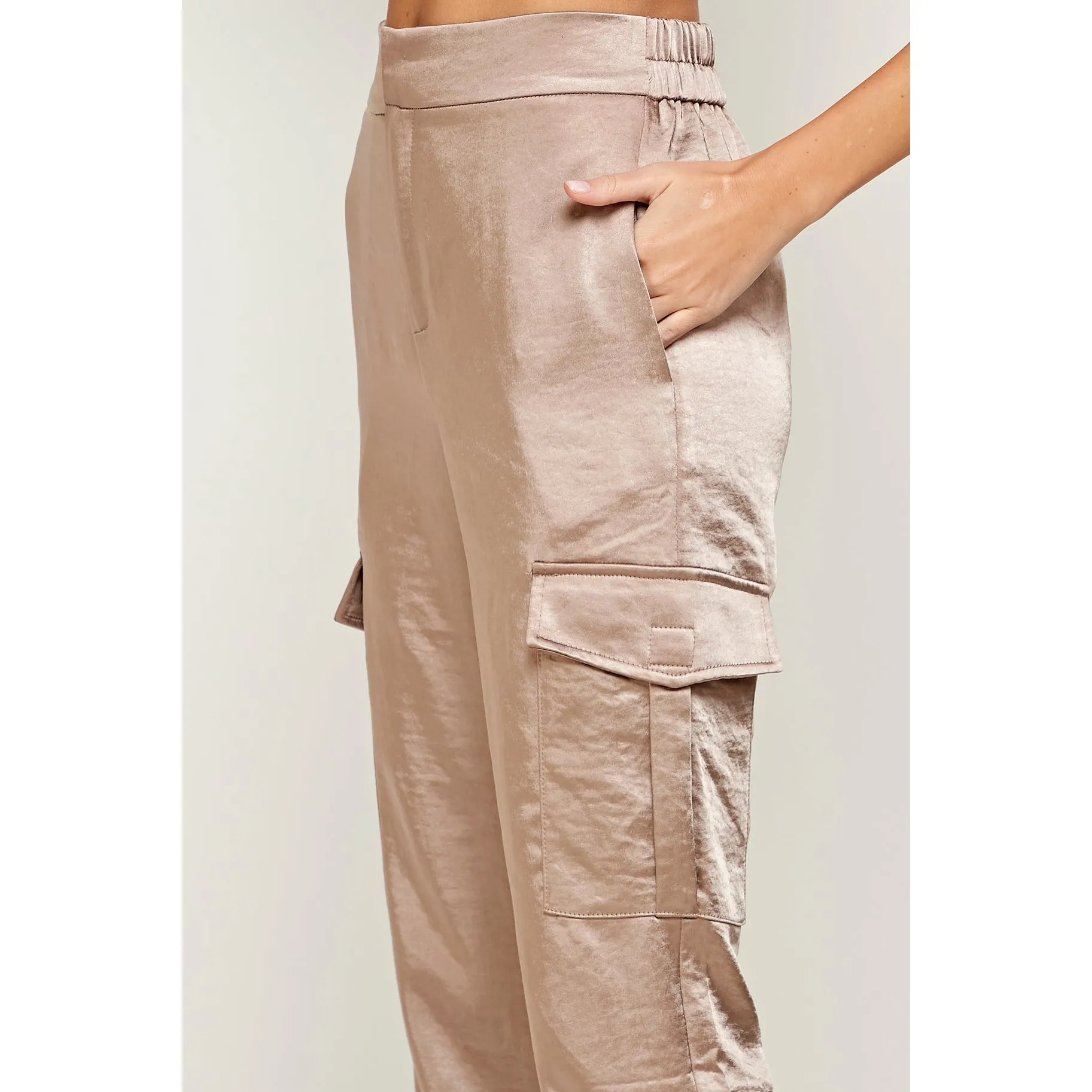 Tan Satin Cargo Pants