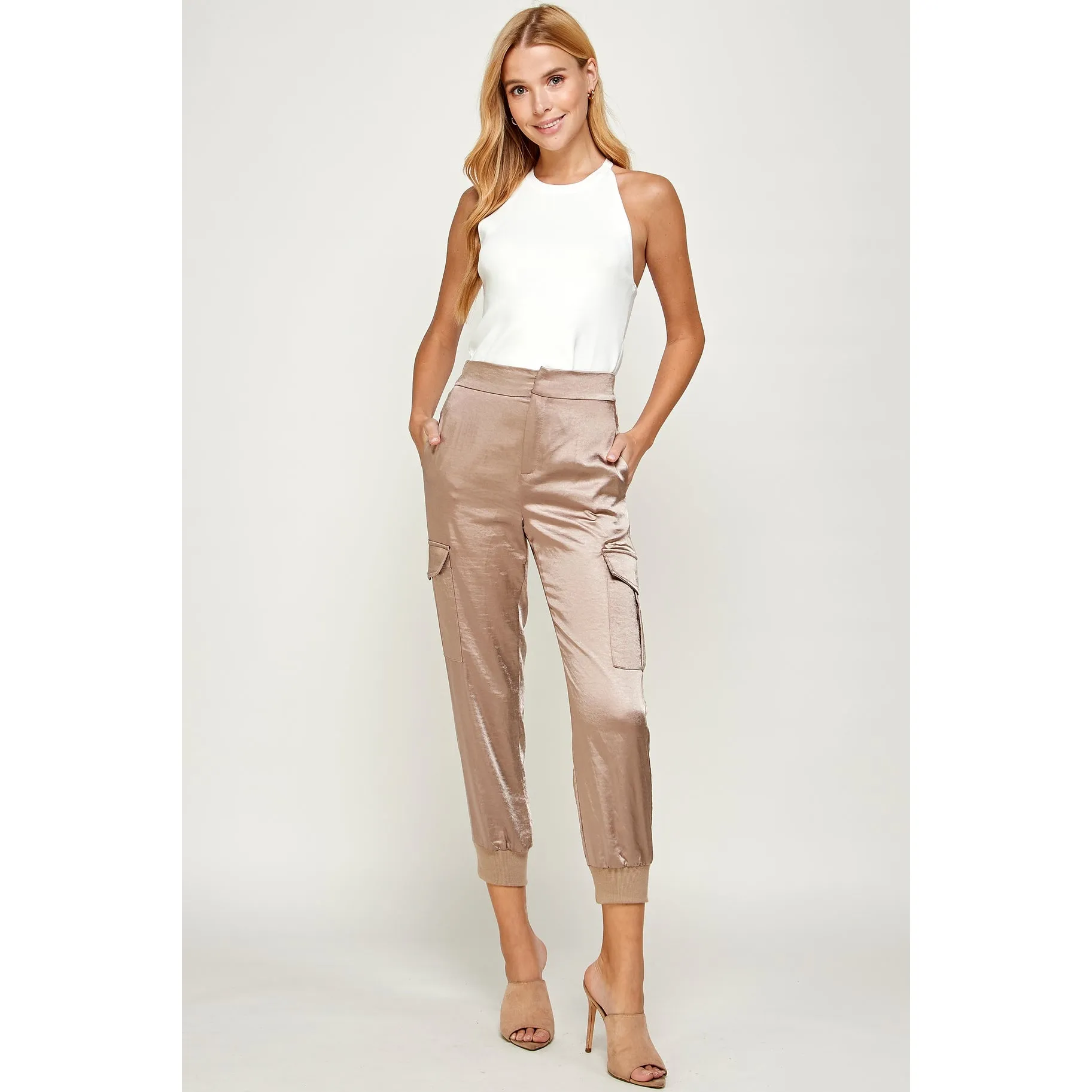 Tan Satin Cargo Pants