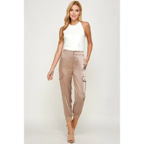 Tan Satin Cargo Pants