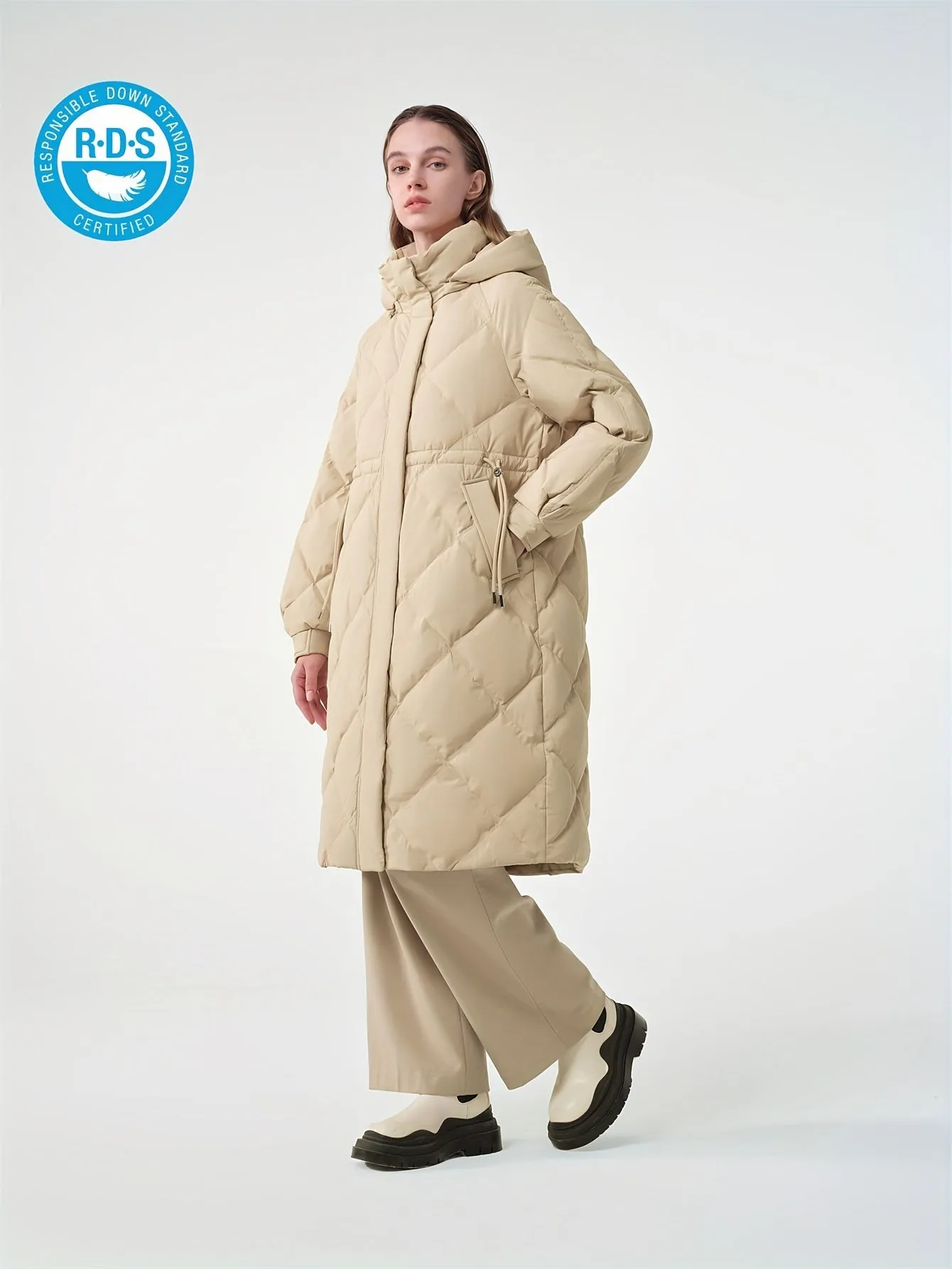 TANBOER Detachable Hood Long Down Jacket with Drawstring Women