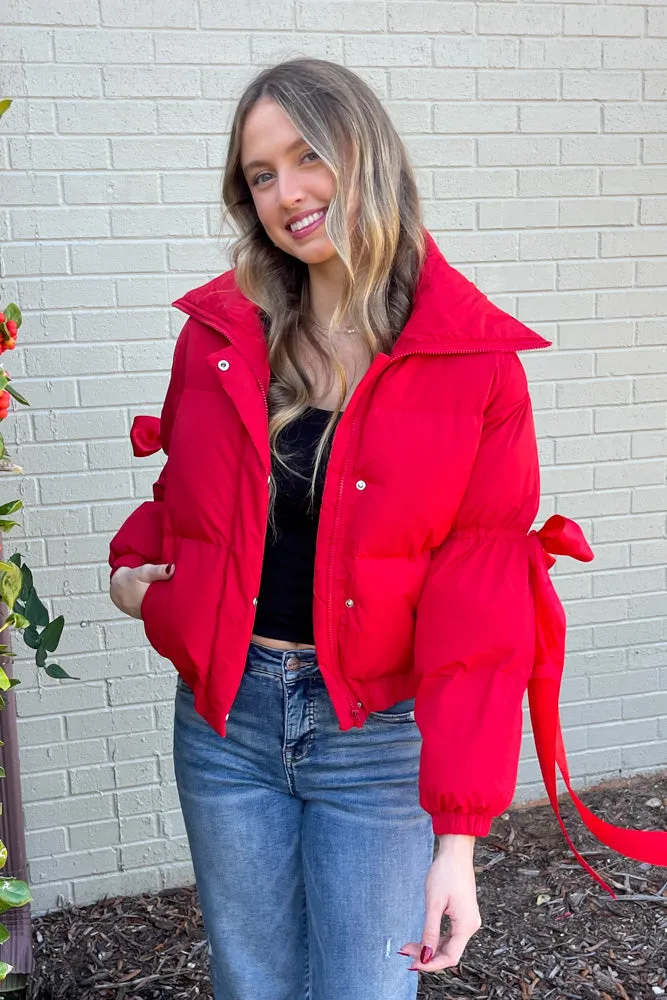 TCEC-Puffer Jacket With Bow Detail-Red