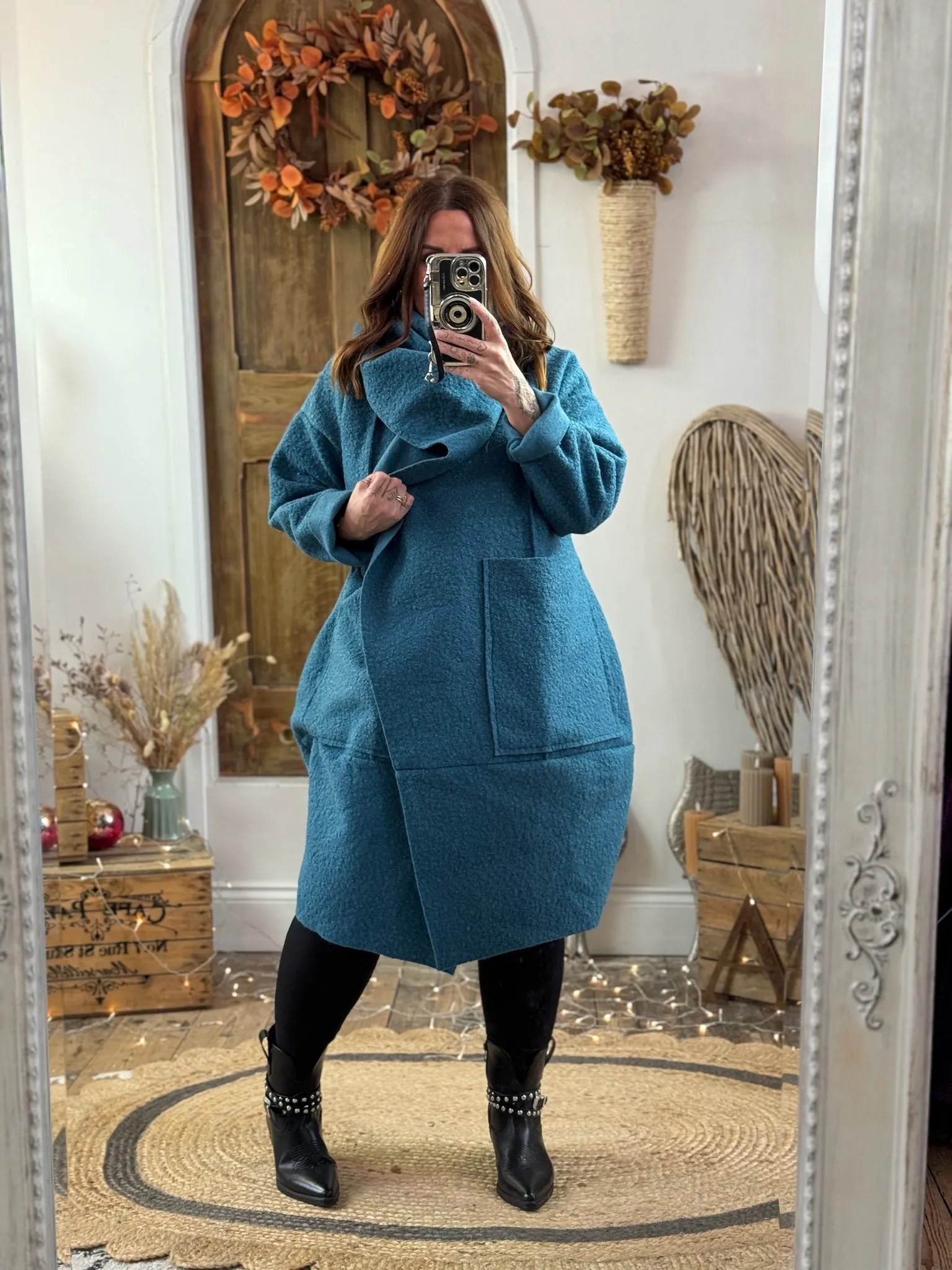 Teal Hudson Boucle Wrap Neck Teddy Coat