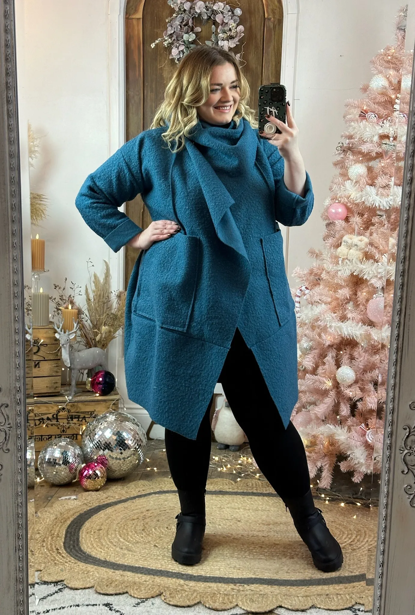 Teal Hudson Boucle Wrap Neck Teddy Coat