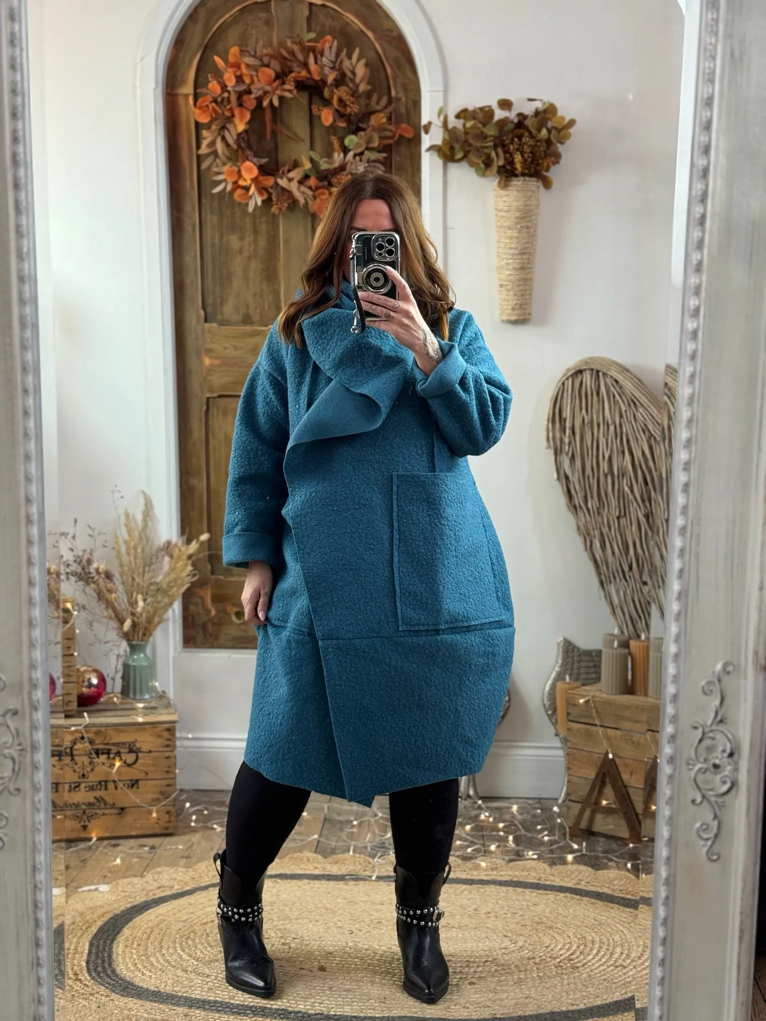 Teal Hudson Boucle Wrap Neck Teddy Coat