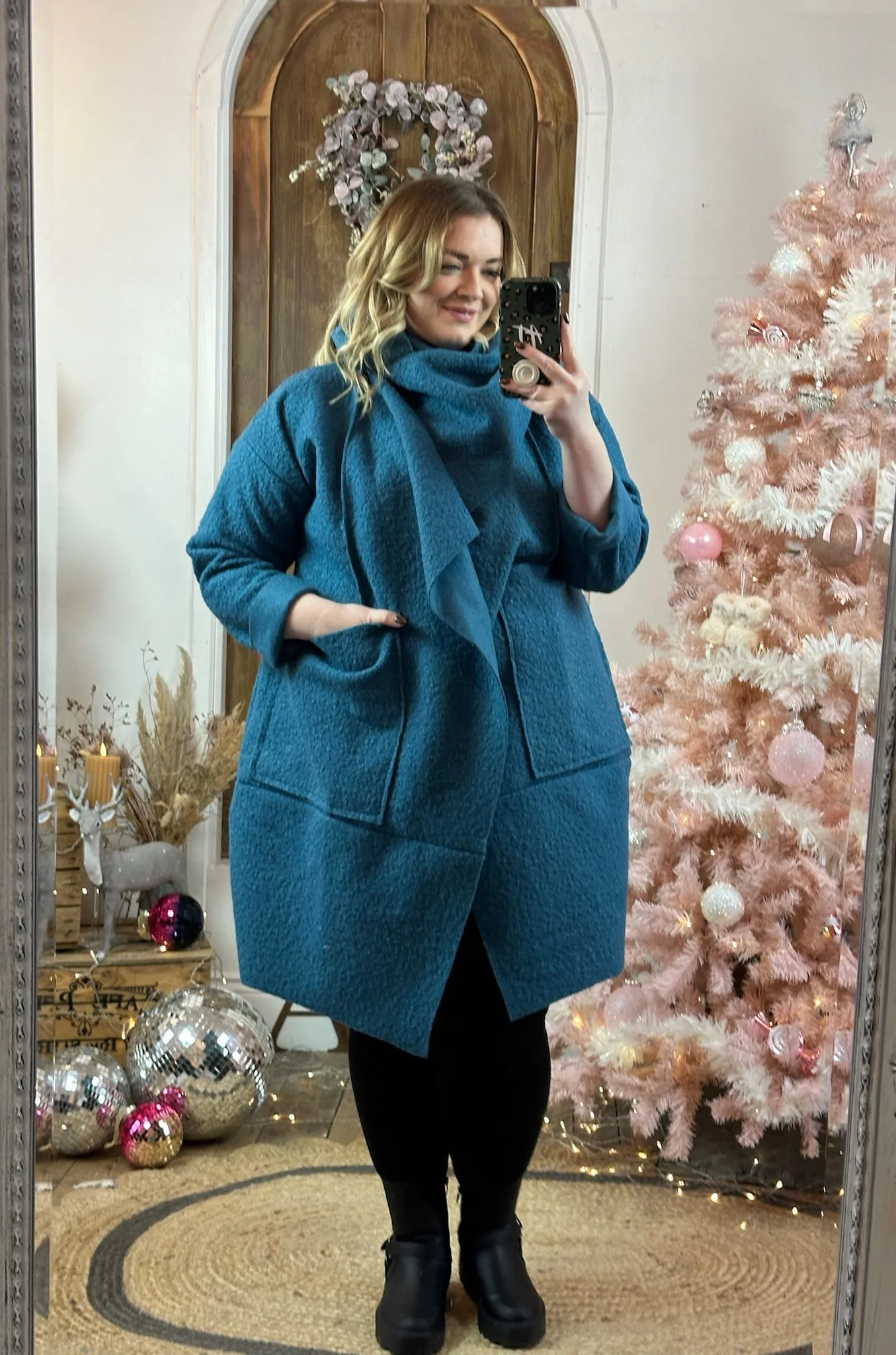 Teal Hudson Boucle Wrap Neck Teddy Coat