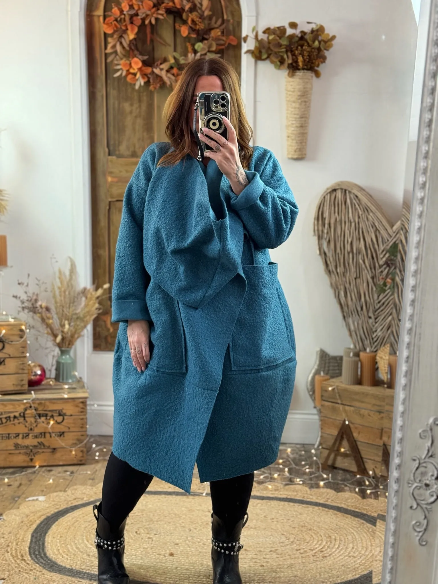 Teal Hudson Boucle Wrap Neck Teddy Coat