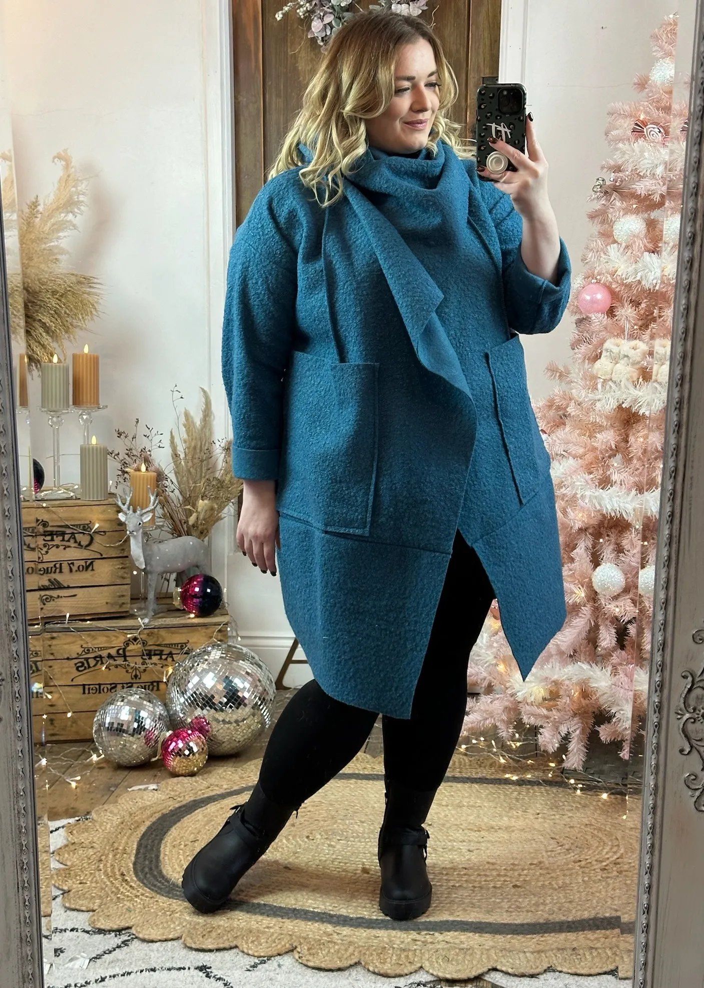 Teal Hudson Boucle Wrap Neck Teddy Coat