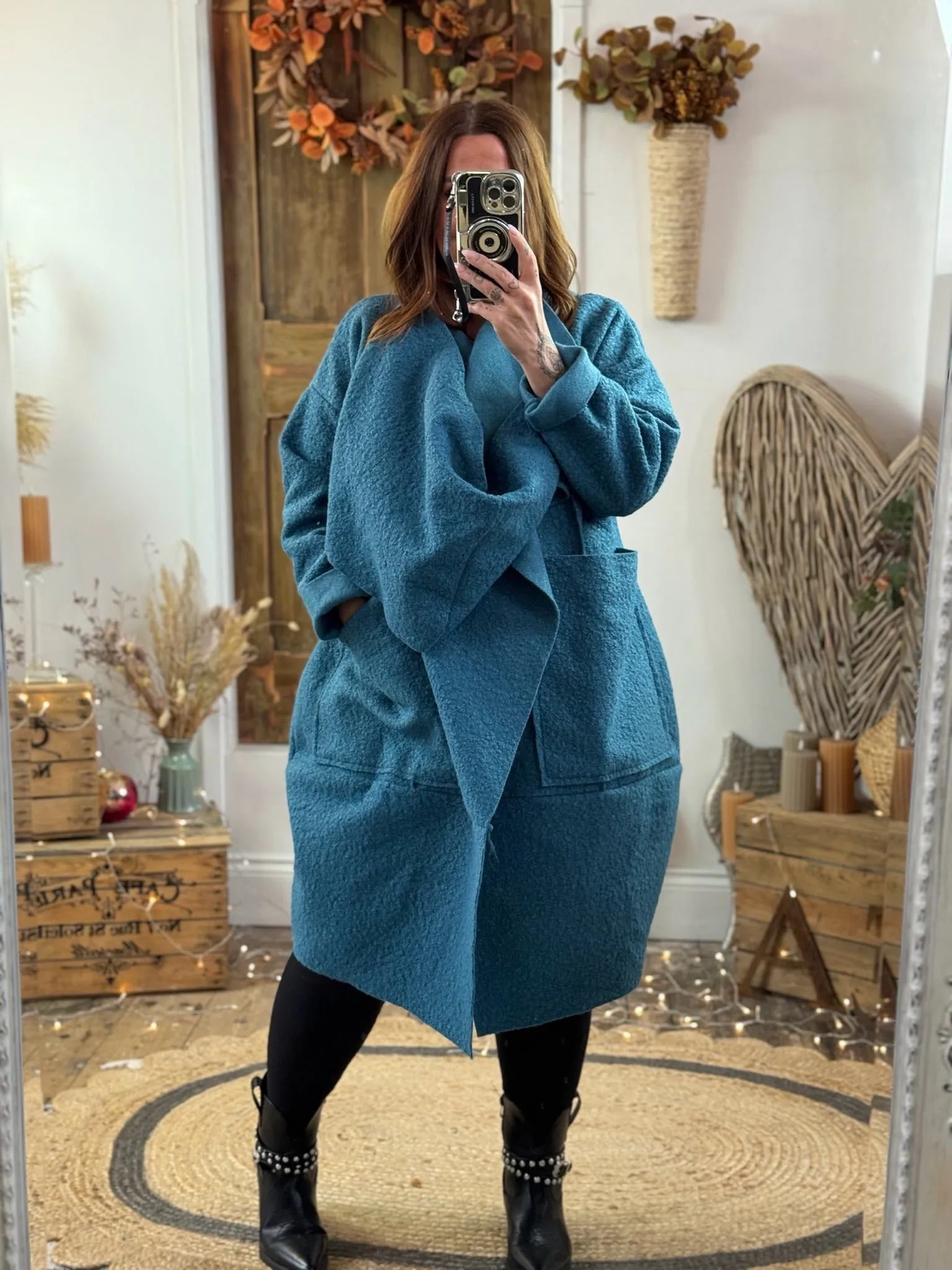 Teal Hudson Boucle Wrap Neck Teddy Coat