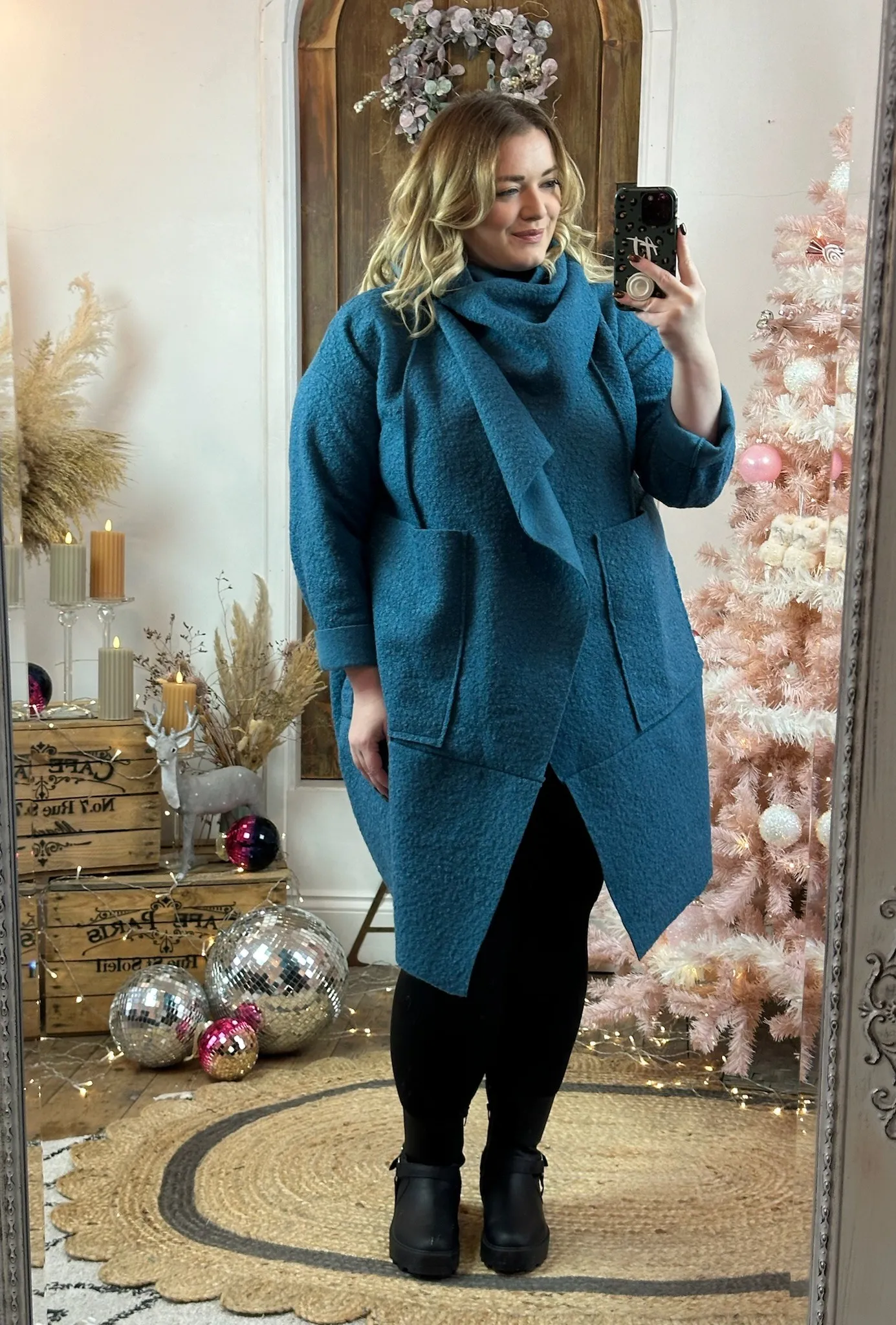 Teal Hudson Boucle Wrap Neck Teddy Coat