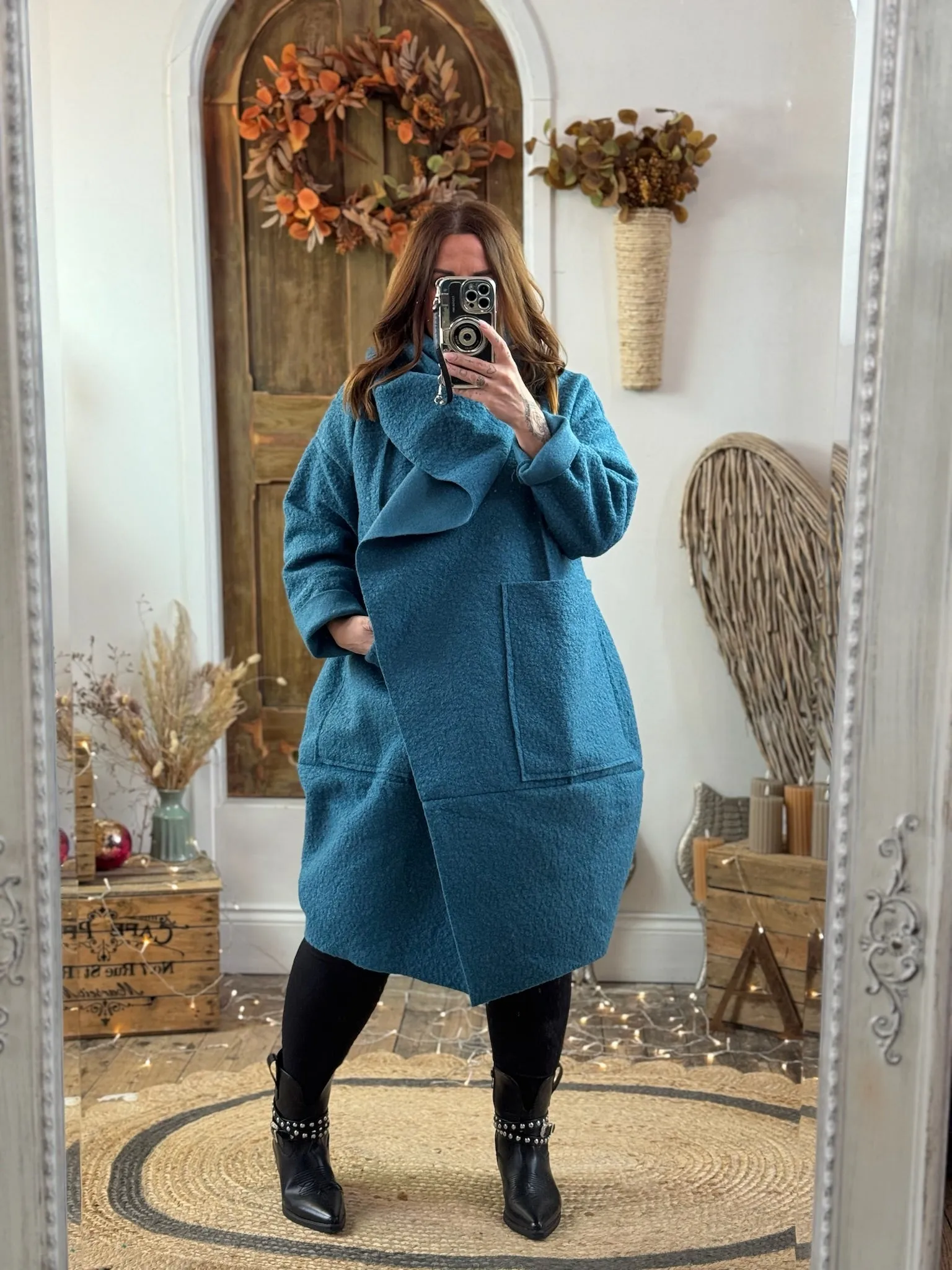 Teal Hudson Boucle Wrap Neck Teddy Coat