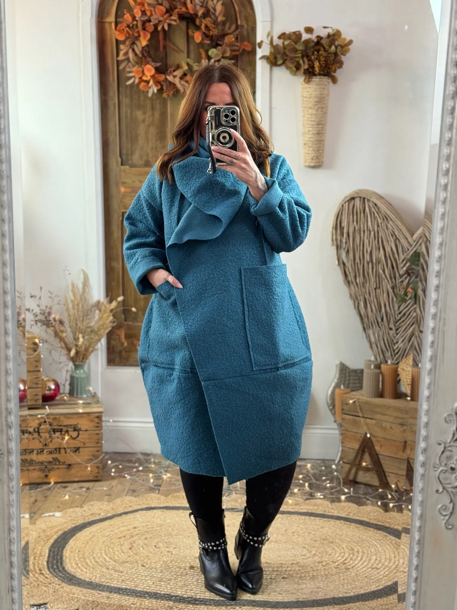 Teal Hudson Boucle Wrap Neck Teddy Coat