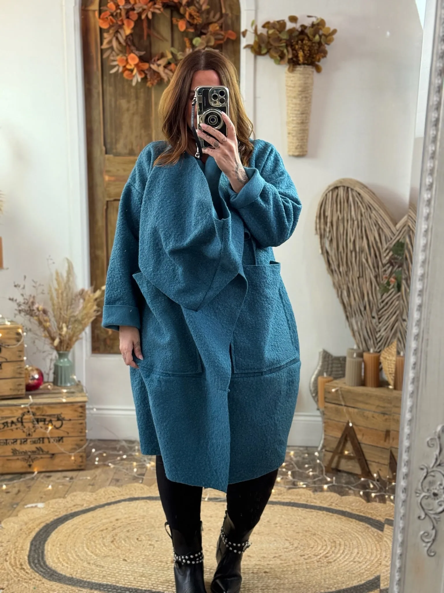 Teal Hudson Boucle Wrap Neck Teddy Coat