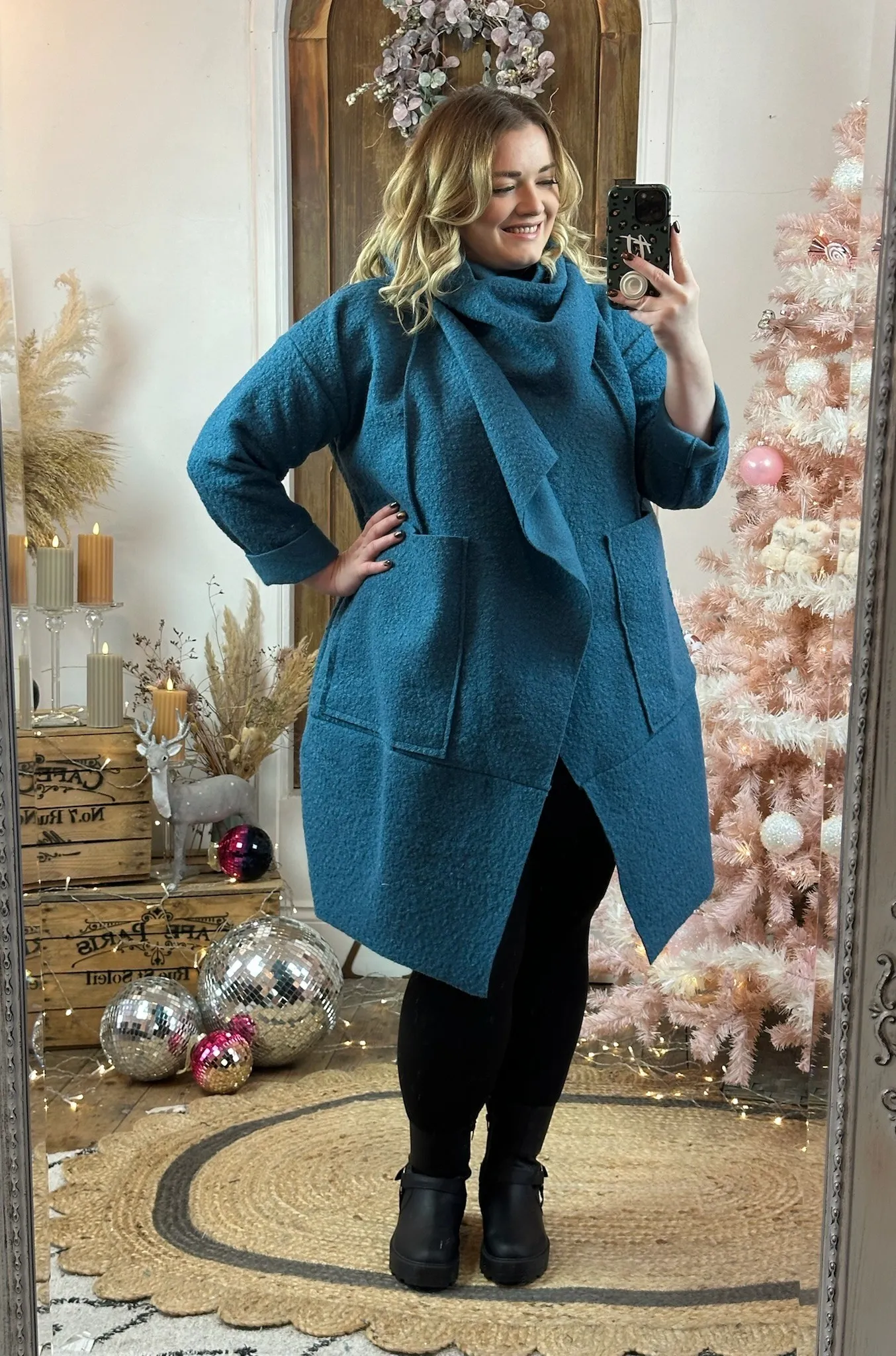 Teal Hudson Boucle Wrap Neck Teddy Coat