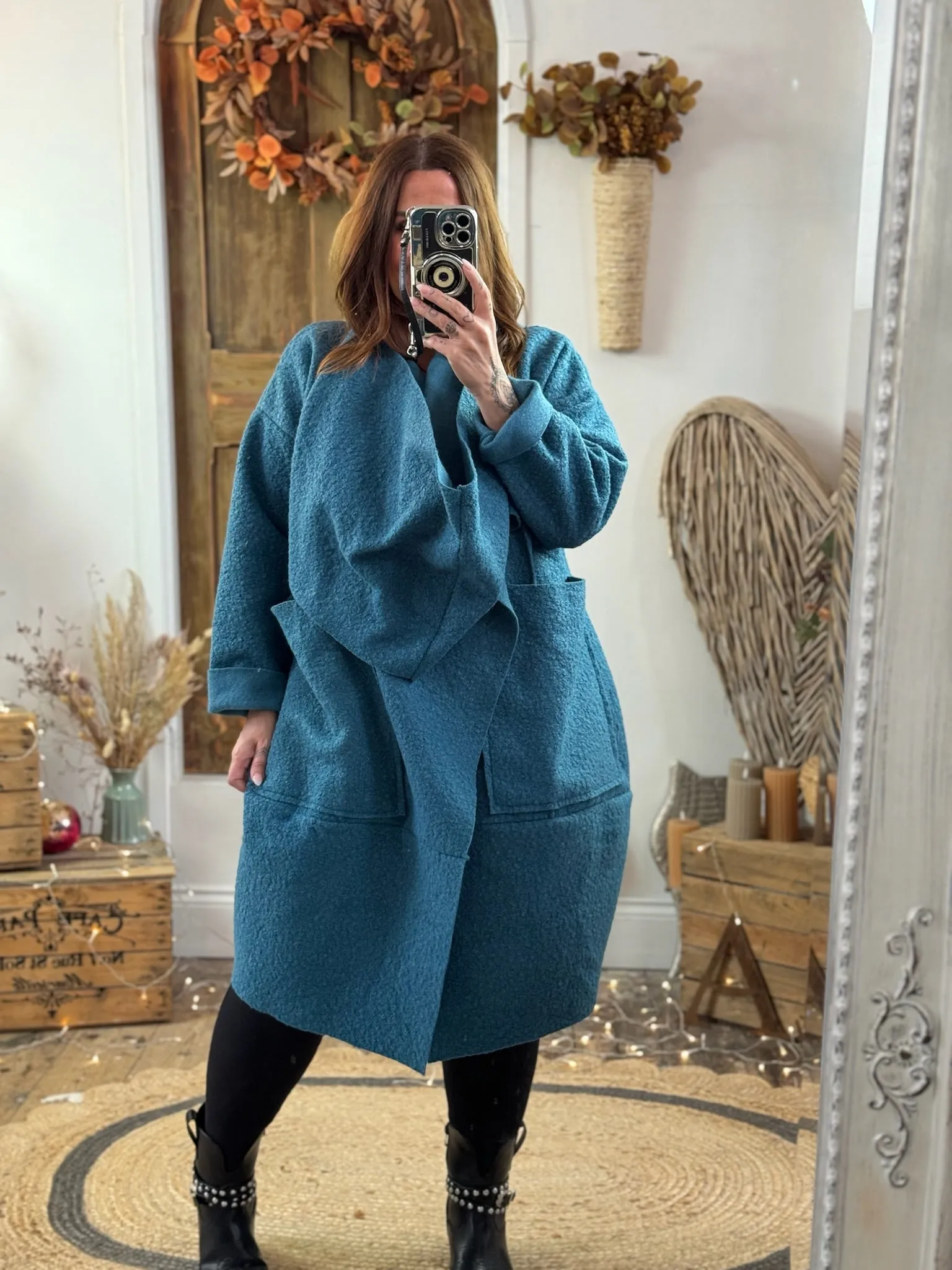 Teal Hudson Boucle Wrap Neck Teddy Coat