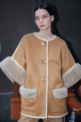 Teddy Shearling Cape Coat - Camel