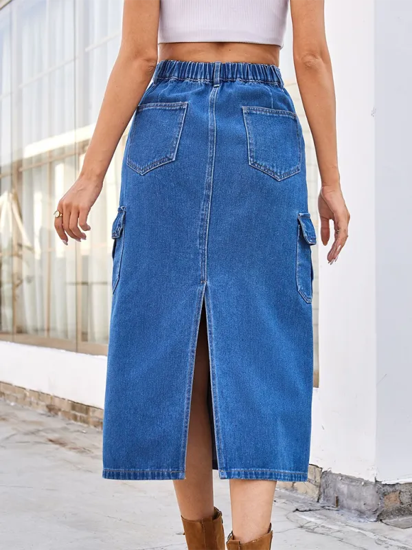 TEEK - Blue Washed A-Line Cargo Denim Skirt