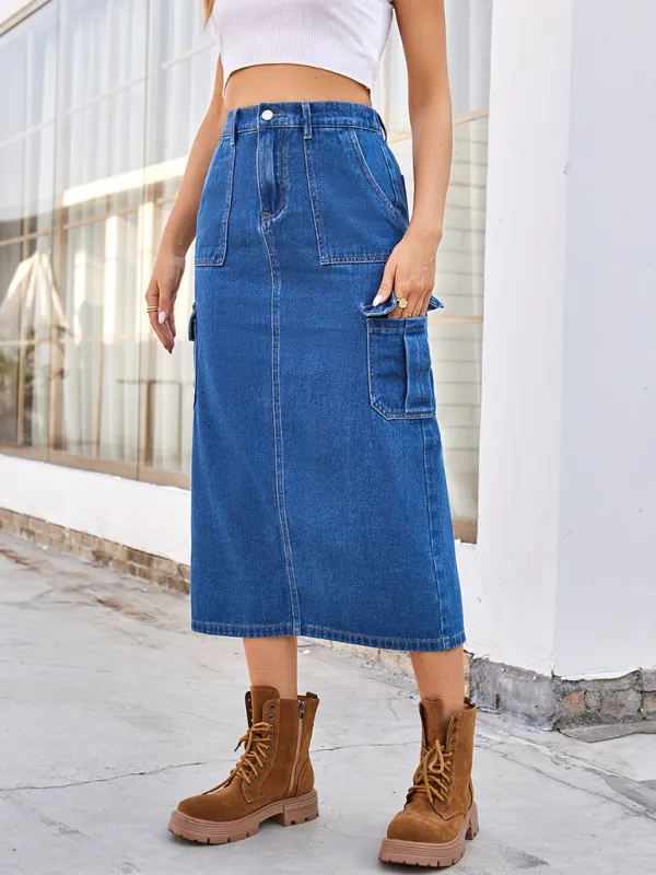 TEEK - Blue Washed A-Line Cargo Denim Skirt